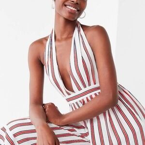Urban Outfitters Halter Jumpsuit Red White Blue Striped Wide Leg Open Back Small